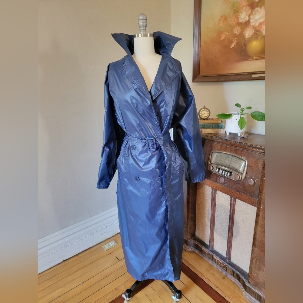 Totes Shiny Blue Women's Trench Rain Coat Jacket Navy OSFM - Picture 2 of 8